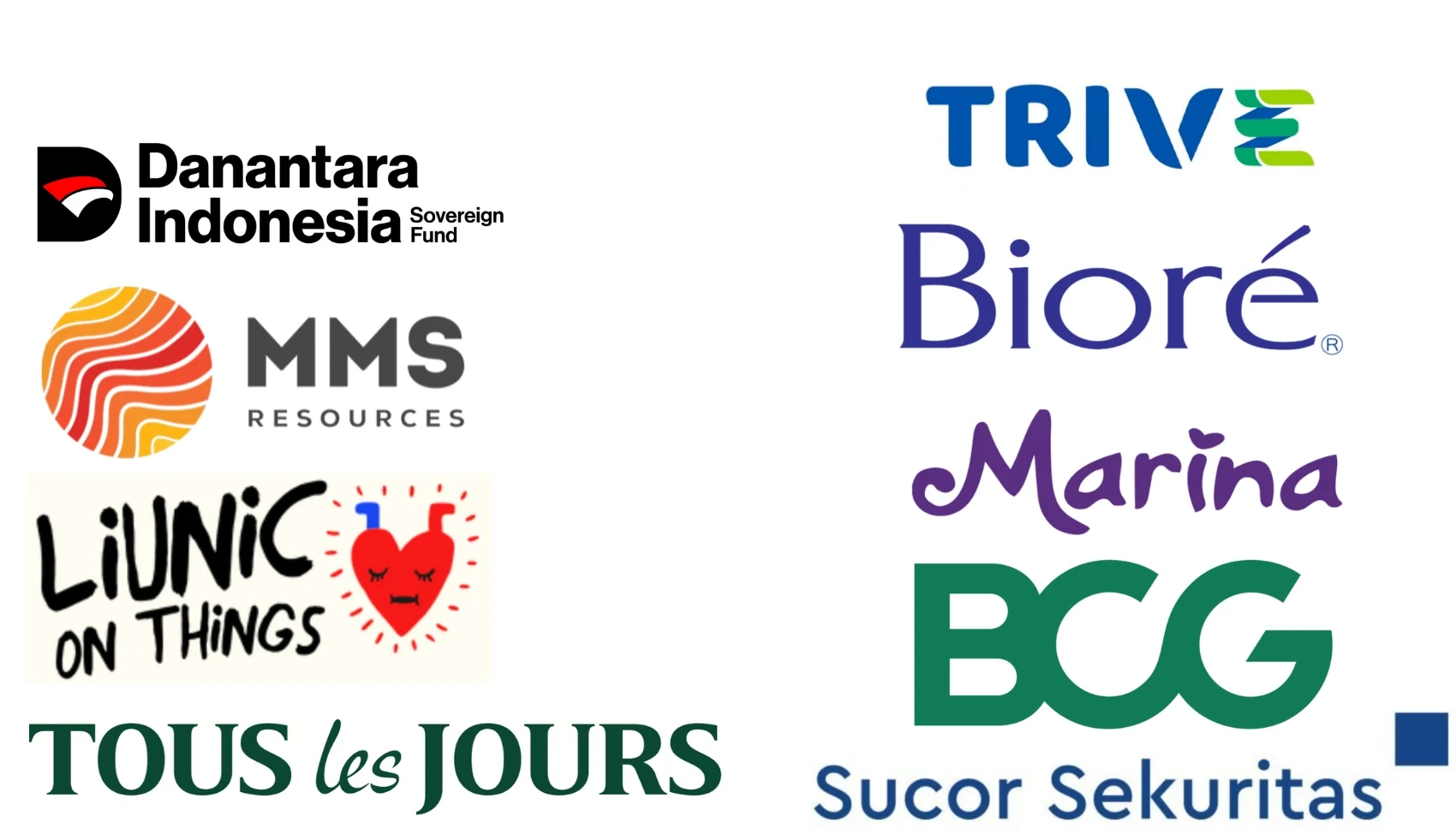 Logos of clients Goeliga Decoration has worked with, including Danantara Indonesia, MMS Resources, Liunic on Things, Tous les Jours, Trive, Bioré, Marina, BCG, and Sucor Sekuritas