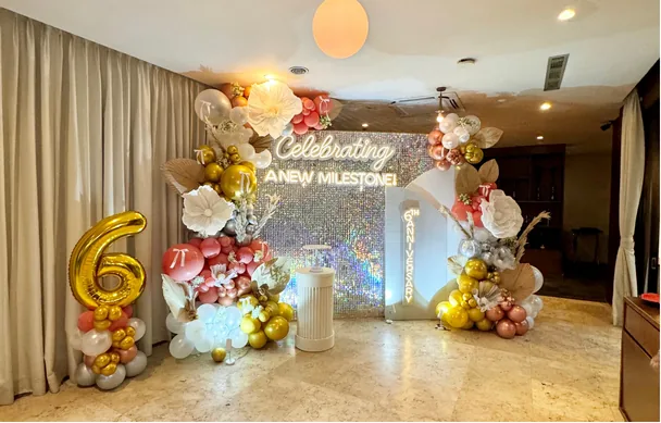 Balloon decoration for a rooftop birthday celebration