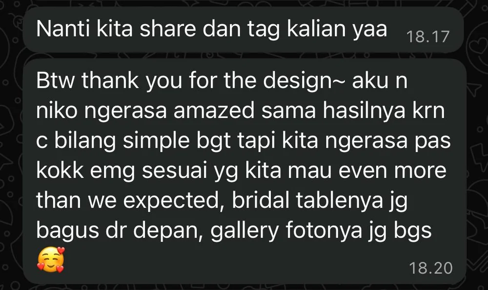 Screenshot of the original WhatsApp message from the Bridal Shower Client