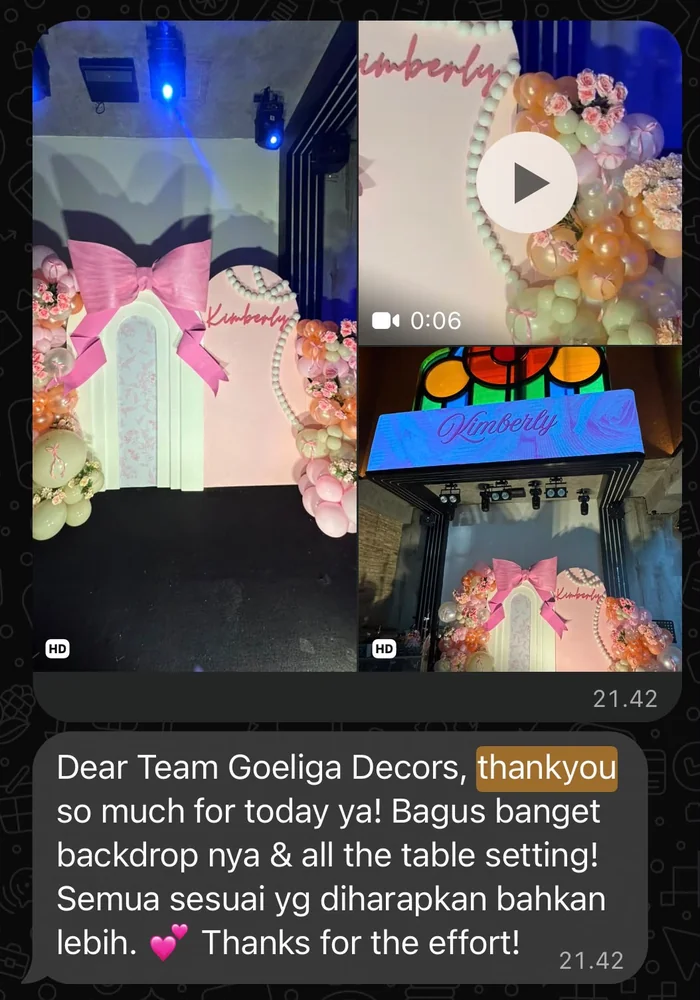 Screenshot of the original WhatsApp message from the Birthday Event Client, including photos of the balloon backdrop